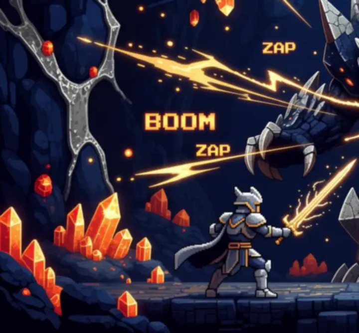 Scène de combat de boss dans Sword Of Xolan avec mise en avant de la tension musicale.