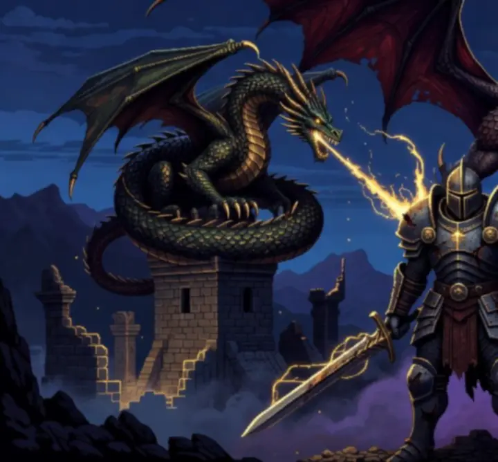 Cinematique d'introduction mettant en scène plusieurs boss de Sword Of Xolan dans un décor pixel art sombre et volcanique.