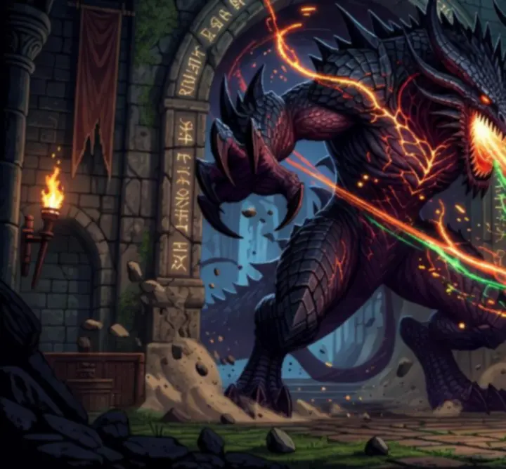 Affrontement intense contre un boss géant en mode Challenge dans Sword Of Xolan, avec attaques renforcées et projectiles multiples.