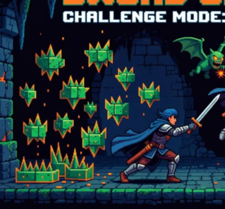Collage de scènes intenses du mode Challenge de Sword Of Xolan, avec plateformes dangereuses, monstres volants et chronomètre serré.