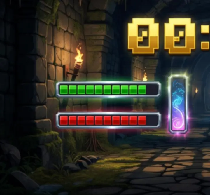 Interface du mode Challenge de Sword Of Xolan avec lueurs dorées, effets de lumière dynamiques et éléments de pixel art animés.