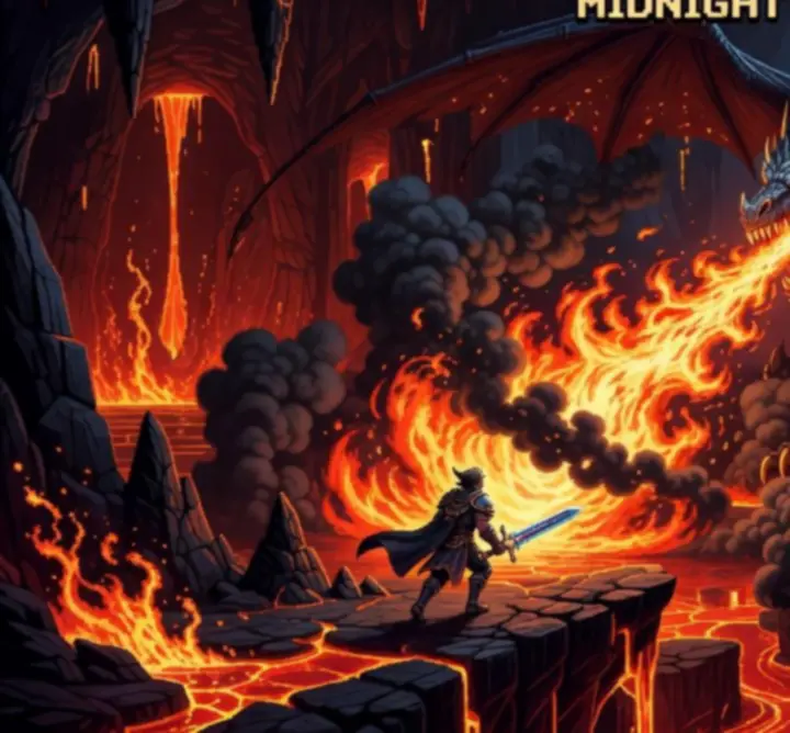 Combat contre le Dragon de Minuit dans une antre volcanique pixel art, avec flammes et lave en arrière-plan.