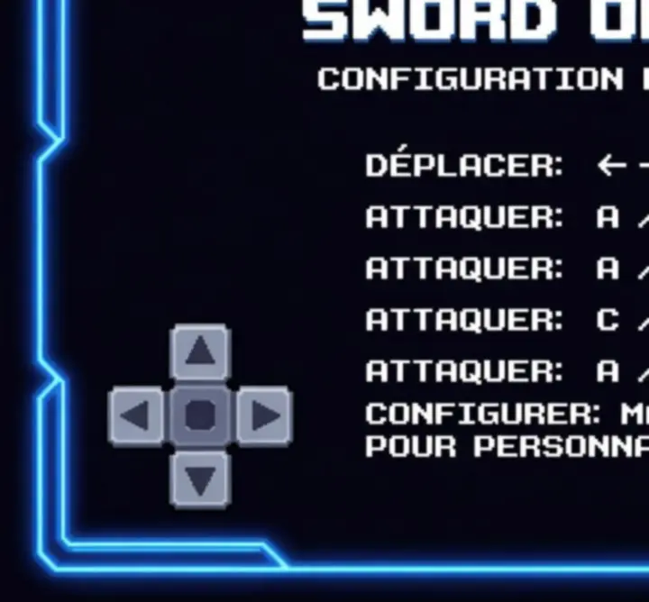 Écran de commandes de Sword Of Xolan avec interface rétro pixelisée
