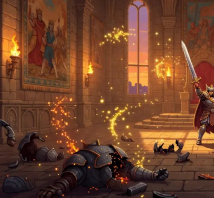 Scène finale épique montrant le héros triomphant au-dessus d'un boss vaincu dans un décor pixel art en flammes.