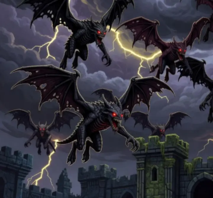 Monstres ailés et ennemis emblématiques de Sword Of Xolan en pixel art.