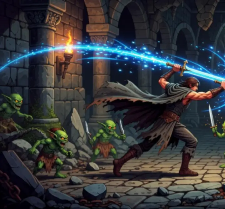 Combat à l'épée en scrolling horizontal dans Sword Of Xolan, avec un décor de donjon rétro pixel art.