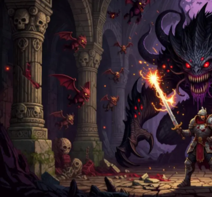 Affrontement contre un boss géant dans Sword Of Xolan avec un décor dark fantasy en pixel art.
