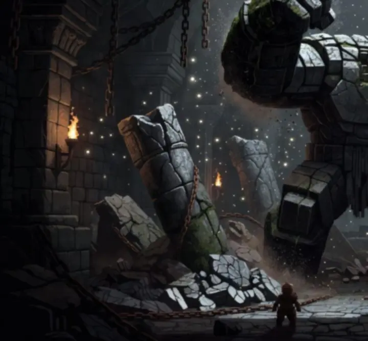 Le Golem du Chagrin se dresse dans un donjon sombre, entouré de runes lumineuses et de pierres brisées.
