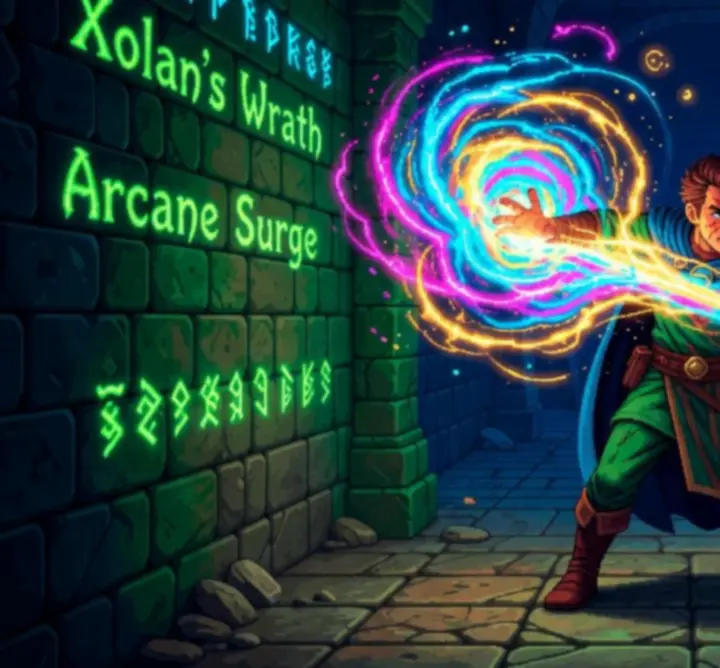 Le héros de Sword Of Xolan incante un sort magique lumineux dans un décor dark fantasy.