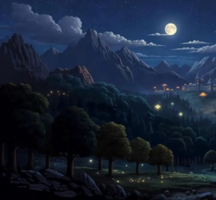 Paysage en pixel art de Sword Of Xolan avec châteaux fantastiques et ciel nocturne.