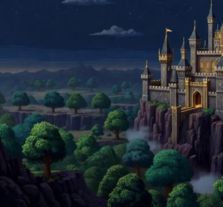 Paysage de château médiéval en pixel art dans Sword Of Xolan