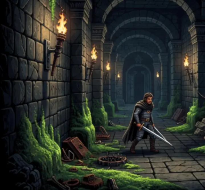 Exploration d’un donjon pixelisé dans Sword Of Xolan