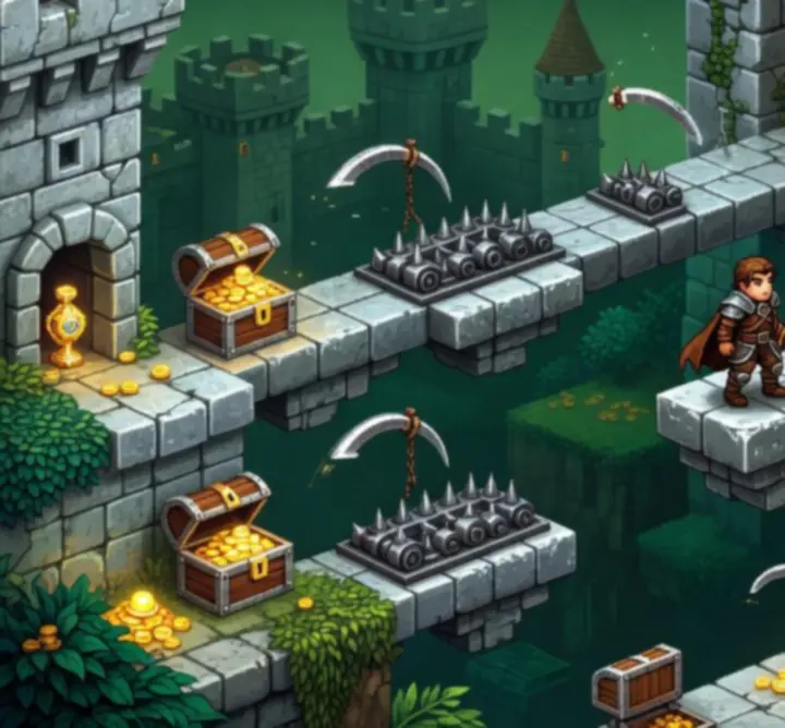 Exploration d'un niveau en pixel art dans Sword Of Xolan avec plateformes, pièges et passages secrets.
