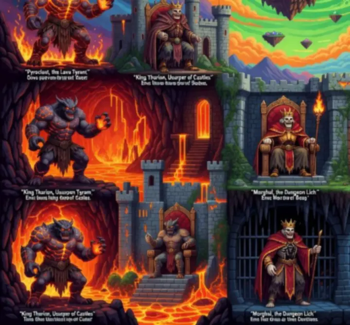 Mosaïque de portraits pixel art des boss de Sword Of Xolan, dont un dragon, un golem et une reine gargouille.