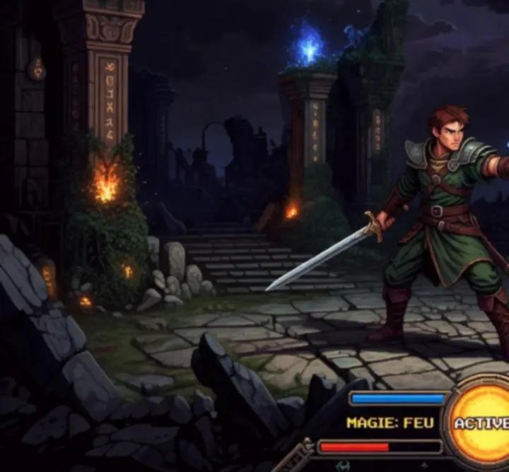 Interface des pouvoirs magiques de Sword Of Xolan avec icônes de sorts et jauges