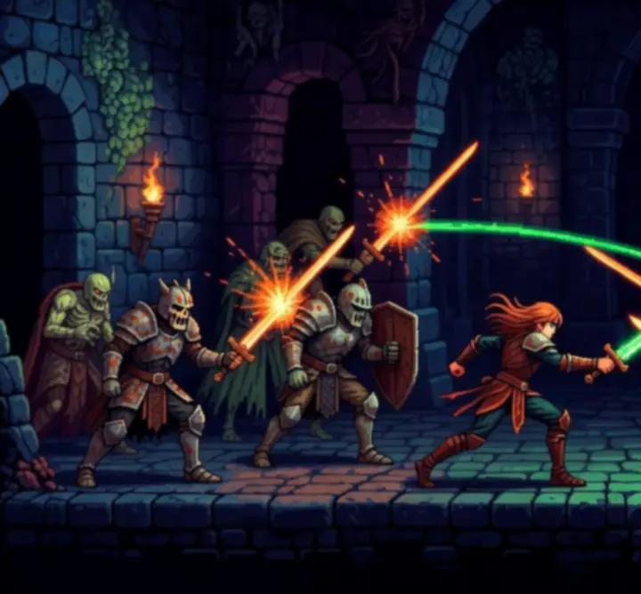 Capture d'écran de Sword Of Xolan montrant un combat au sabre dans un décor de château en pixel art.